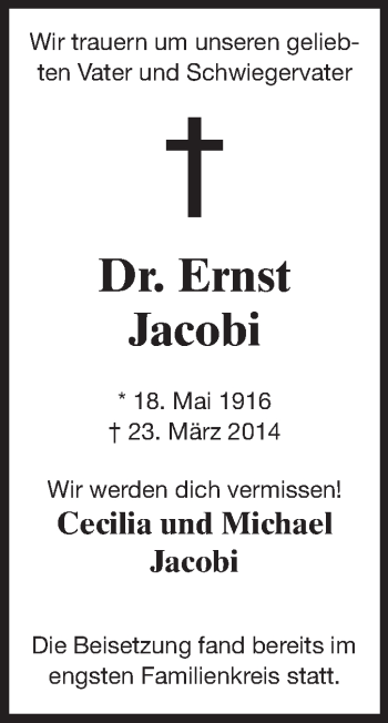 Traueranzeige von Ernst Jacobi von Echo-Zeitungen (Gesamtausgabe)