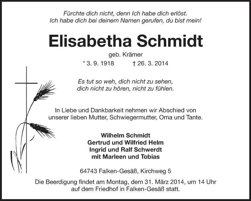 Traueranzeige für Elisabetha Schmidt vom 29.03.2014 aus Odenwälder Echo