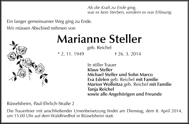  Traueranzeige für Marianne Steller vom 29.03.2014 aus Rüsselsheimer Echo, Groß-Gerauer-Echo, Ried Echo
