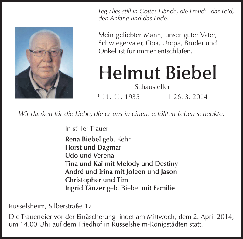  Traueranzeige für Helmut Biebel vom 29.03.2014 aus Rüsselsheimer Echo, Groß-Gerauer-Echo, Ried Echo