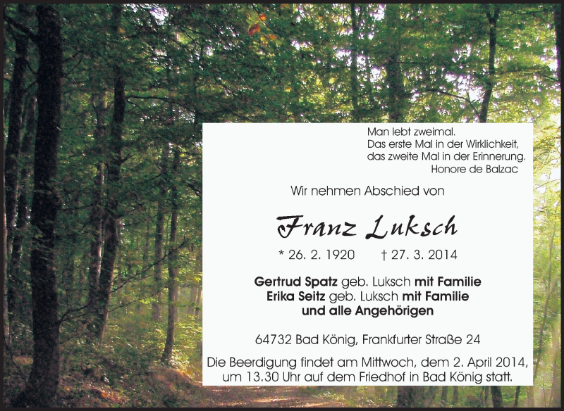  Traueranzeige für Franz Luksch vom 31.03.2014 aus Odenwälder Echo