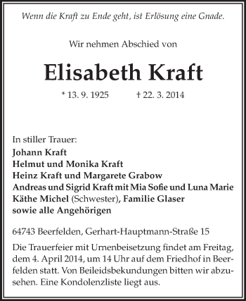 Traueranzeige von Elisabeth Kraft von Odenwälder Echo