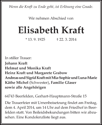 Traueranzeige von Elisabeth Kraft von Odenwälder Echo