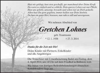 Traueranzeige von Gretchen Lohnes von Odenwälder Echo
