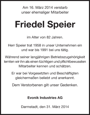 Traueranzeige von Friedel Speier von Echo-Zeitungen (Gesamtausgabe)