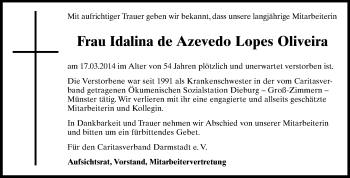 Traueranzeige von Idalina de Azevedo Lopes Oliveira von Echo-Zeitungen (Gesamtausgabe)