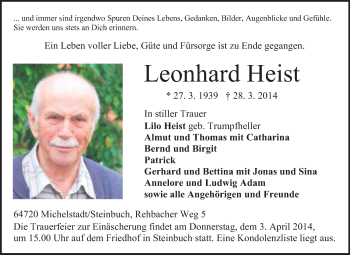 Traueranzeige von Leonhard Heist von Odenwälder Echo