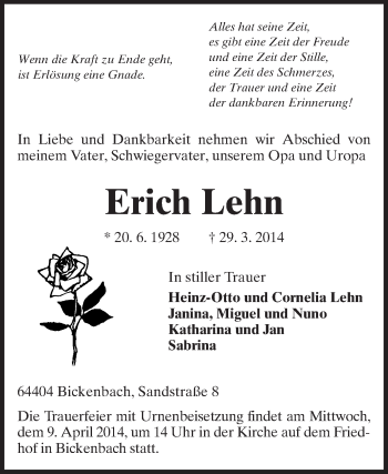 Traueranzeige von Erich Lehn von Echo-Zeitungen (Gesamtausgabe)