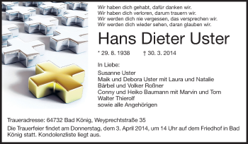Traueranzeige von Hans Dieter Uster von Odenwälder Echo