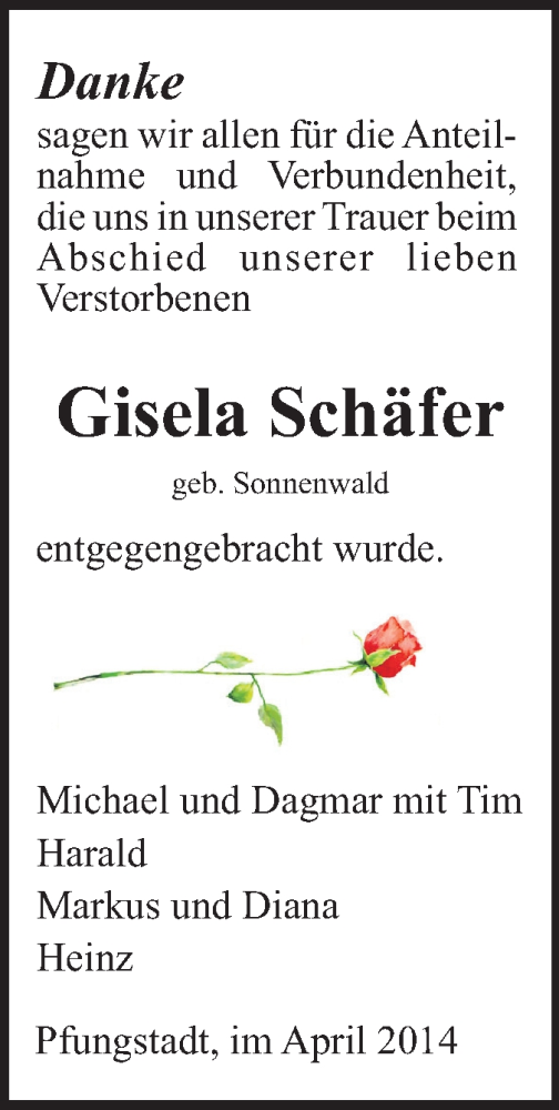  Traueranzeige für Gisela Schäfer vom 02.04.2014 aus Echo-Zeitungen (Gesamtausgabe)