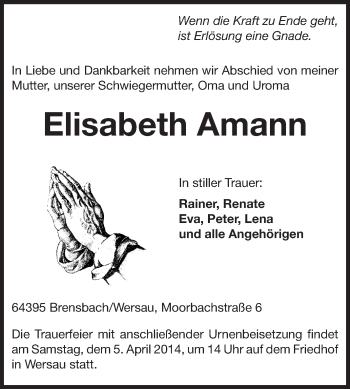 Traueranzeige von Elisabeth Amann von Odenwälder Echo
