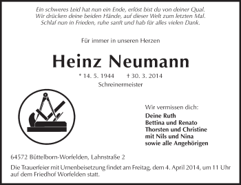 Traueranzeige von Heinz Neumann von Rüsselsheimer Echo, Groß-Gerauer-Echo, Ried Echo