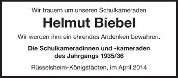 Traueranzeige von Helmut Biebel von Rüsselsheimer Echo, Groß-Gerauer-Echo, Ried Echo