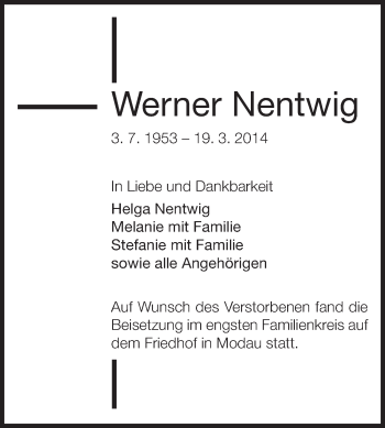 Traueranzeige von Werner Nentwig von Echo-Zeitungen (Gesamtausgabe)