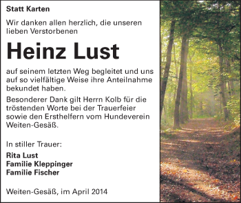 Traueranzeige von Heinz Lust von Odenwälder Echo