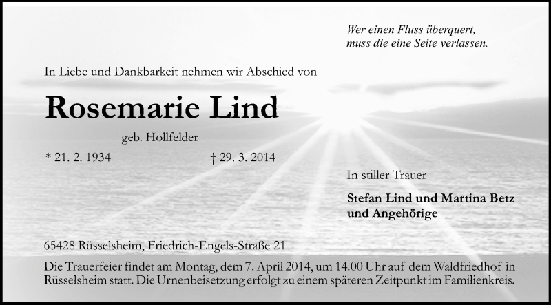  Traueranzeige für Rosemarie Lind vom 02.04.2014 aus Rüsselsheimer Echo, Groß-Gerauer-Echo, Ried Echo