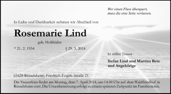 Traueranzeige von Rosemarie Lind von Rüsselsheimer Echo, Groß-Gerauer-Echo, Ried Echo