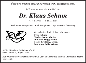 Traueranzeige von Klaus Schum von Echo-Zeitungen (Gesamtausgabe)