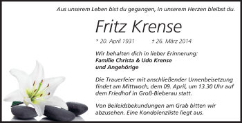 Traueranzeige von Fritz Krense von Echo-Zeitungen (Gesamtausgabe)