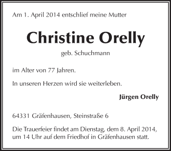 Traueranzeige von Christine Orelly von Echo-Zeitungen (Gesamtausgabe)