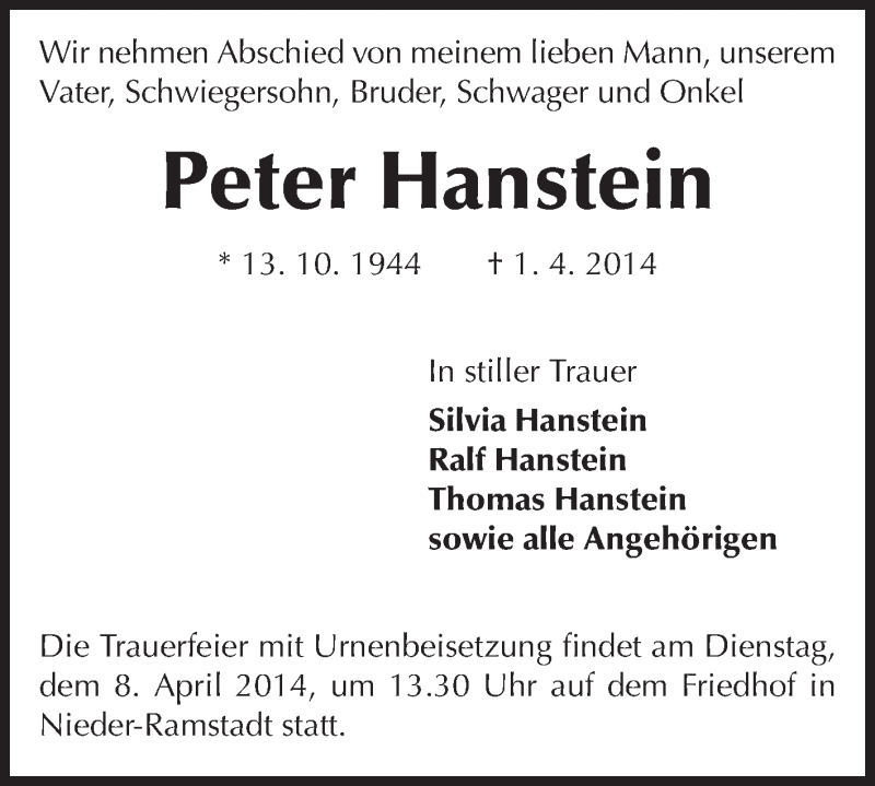  Traueranzeige für Peter Hanstein vom 05.04.2014 aus Echo-Zeitungen (Gesamtausgabe)