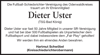 Traueranzeige von Dieter Uster von Odenwälder Echo