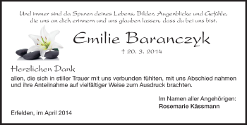 Traueranzeige von Emilie Bavanczyk von Rüsselsheimer Echo, Groß-Gerauer-Echo, Ried Echo