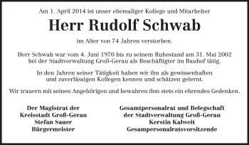 Traueranzeige von Rudolf Schwab von Rüsselsheimer Echo, Groß-Gerauer-Echo, Ried Echo