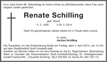 Traueranzeige von Renate Schilling von Echo-Zeitungen (Gesamtausgabe)