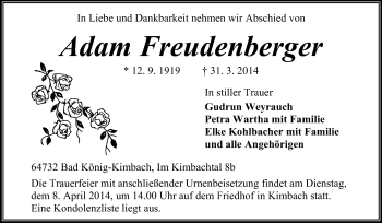 Traueranzeige von Adam Freudenberger von Odenwälder Echo