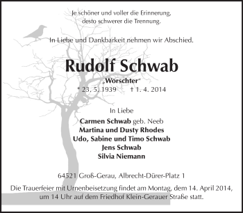 Traueranzeige von Rudolf Schwab von Rüsselsheimer Echo, Groß-Gerauer-Echo, Ried Echo