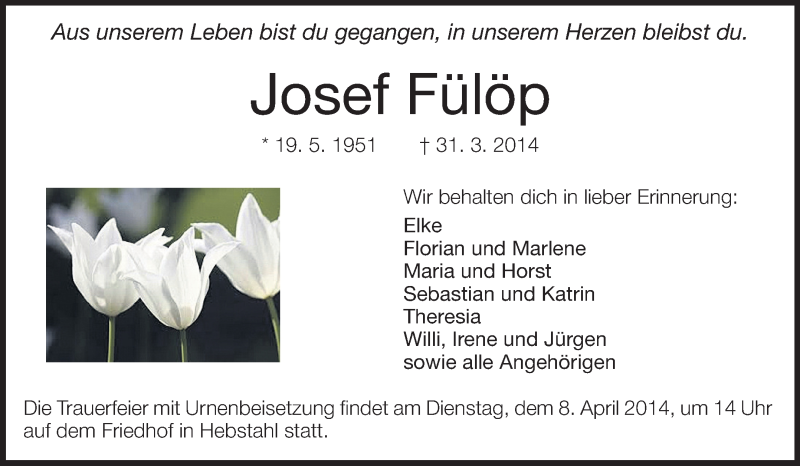 Traueranzeige für Josef Fülöp vom 05.04.2014 aus Odenwälder Echo
