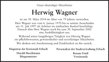 Traueranzeige von Herwig Wagner von Odenwälder Echo