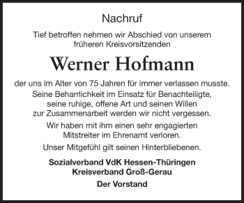 Traueranzeige von Werner Hofmann von Rüsselsheimer Echo, Groß-Gerauer-Echo, Ried Echo