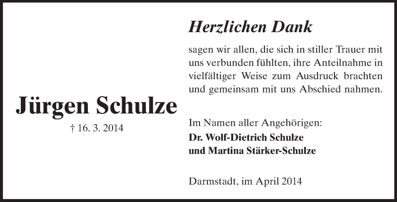  Traueranzeige für Jürgen Schulze vom 05.04.2014 aus Echo-Zeitungen (Gesamtausgabe)