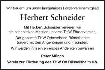 Traueranzeige von Herbert Schneider von Rüsselsheimer Echo, Groß-Gerauer-Echo, Ried Echo