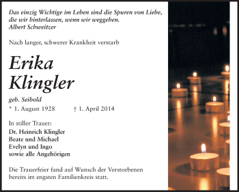 Traueranzeige von Erika Klingler von Rüsselsheimer Echo, Groß-Gerauer-Echo, Ried Echo