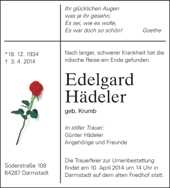 Traueranzeige von Edelgard Hädeler von Echo-Zeitungen (Gesamtausgabe)
