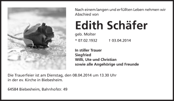 Traueranzeige von Edith Schäfer von Rüsselsheimer Echo, Groß-Gerauer-Echo, Ried Echo