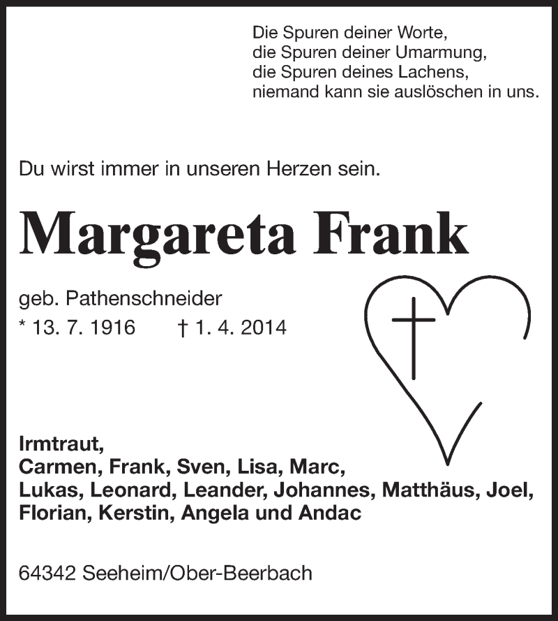  Traueranzeige für Margareta Frank vom 07.04.2014 aus Echo-Zeitungen (Gesamtausgabe)