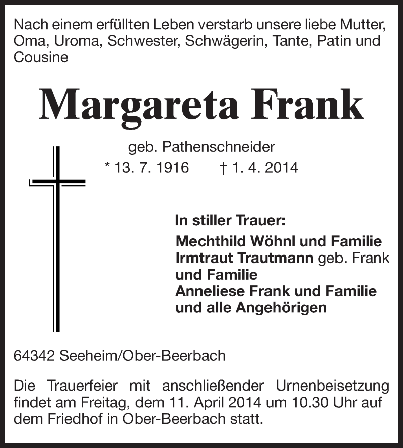  Traueranzeige für Margareta Frank vom 07.04.2014 aus Echo-Zeitungen (Gesamtausgabe)