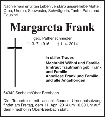 Traueranzeige von Margareta Frank von Echo-Zeitungen (Gesamtausgabe)