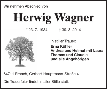 Traueranzeige von Herwig Wagner von Odenwälder Echo