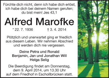 Traueranzeige von Alfred Marofke von Echo-Zeitungen (Gesamtausgabe)