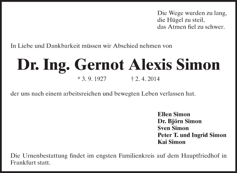  Traueranzeige für Gernot Alexis Simon vom 12.04.2014 aus Echo-Zeitungen (Gesamtausgabe)