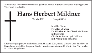 Traueranzeige von Hans Herbert Mildner von Echo-Zeitungen (Gesamtausgabe)