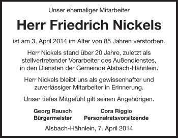 Traueranzeige von Friedrich Nickels von Echo-Zeitungen (Gesamtausgabe)
