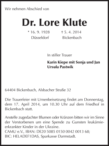 Traueranzeige von Lore Klute von Echo-Zeitungen (Gesamtausgabe)