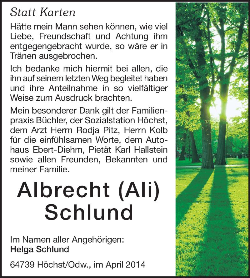  Traueranzeige für Albrecht Schlund vom 12.04.2014 aus Odenwälder Echo
