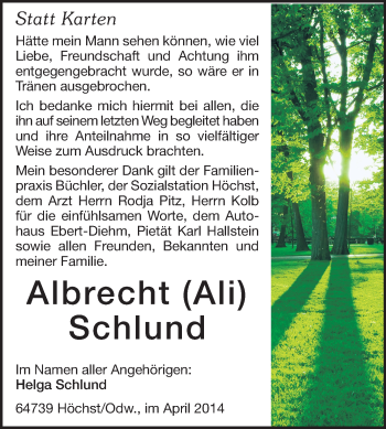Traueranzeige von Albrecht Schlund von Odenwälder Echo